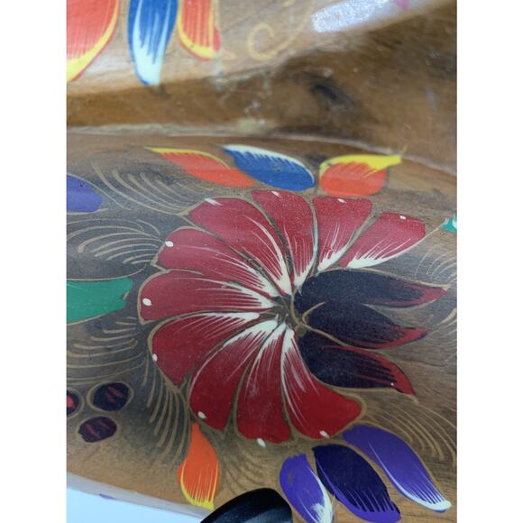 Vntg Mexican Folk Art Wooden Wood Divided Bowl/Tray 14” Long 8” Wide Flowers - Picture 4 of 12